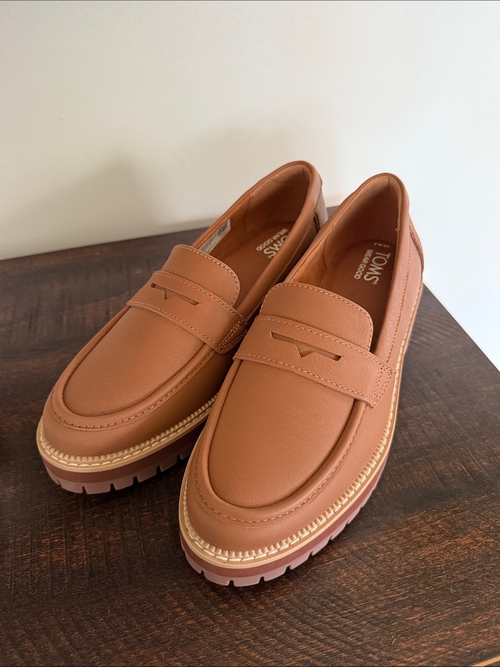TOMS Women's Tan Leather Lug Sole Penny Loafers - Picture 1 of 3